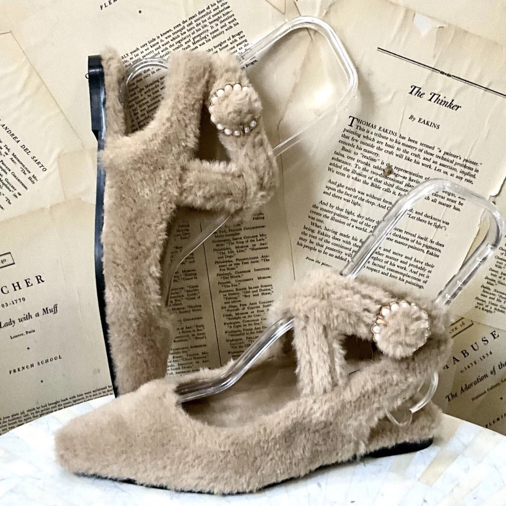 Free People Faux Shearling Parisa Pointed Flats Almond Tan Pearl Buckle - Picture 4 of 9